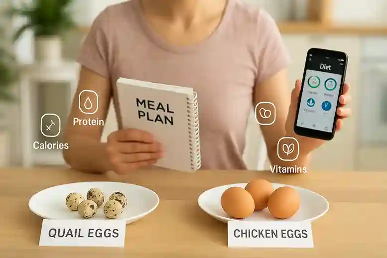Person choosing between Quail Eggs and Chicken Eggs for a balanced diet with nutrition icons.