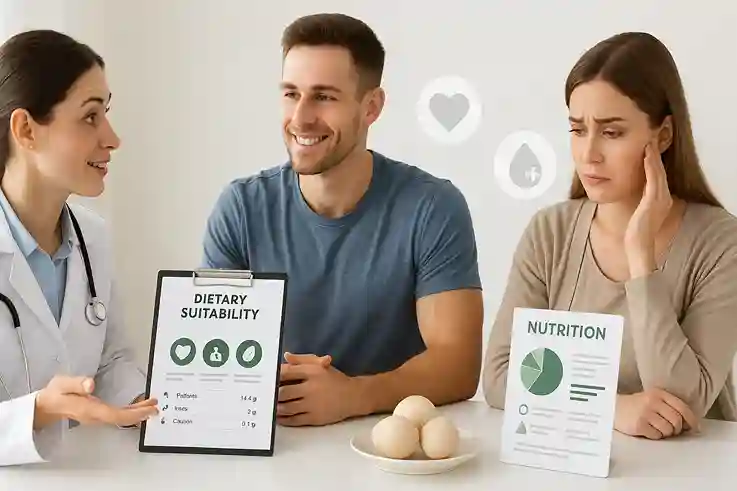 Nutritionist advising two people on turkey eggs, showing who can benefit and who should avoid them for health reasons.