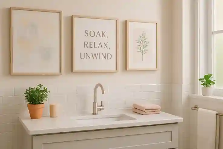 Modern bathroom featuring Bathroom Wall Art including framed prints and decorative accents above a sleek vanity
