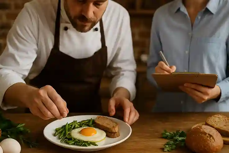 Chef plating a dish with duck eggs while a nutritionist reviews healthy meal notes