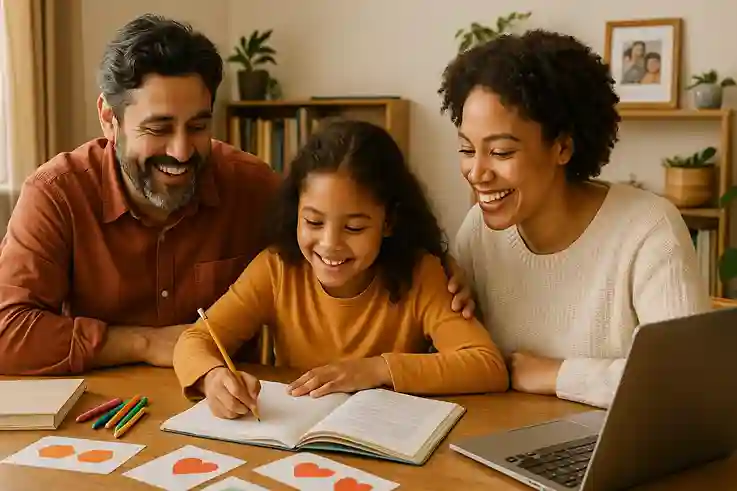 Parents teaching their child at home with books and laptop, showing love, flexibility, and choice in homeschooling.