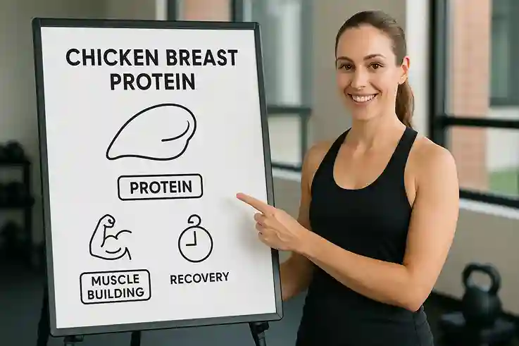 Trainer teaching a group class with a chart showing chicken breast protein nutrition in the gym.