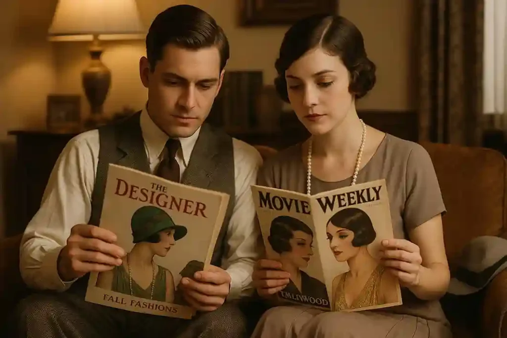 1920s couple reading fashion magazines featuring 1920s fashion women on the covers, sitting in a cozy vintage room with warm lighting.