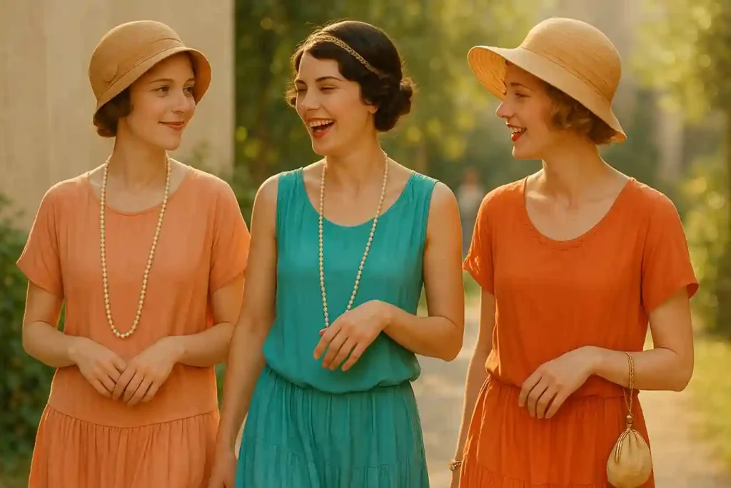 1920s fashion women in loose, colorful dresses made of soft fabrics, representing freedom and personal style in a bright, realistic vintage setting.