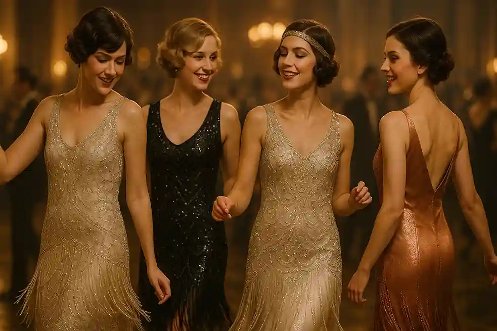 1920s fashion women in shimmering evening dresses with sequins, beads, fringe, and bold cuts, captured in a photorealistic jazz-age setting.