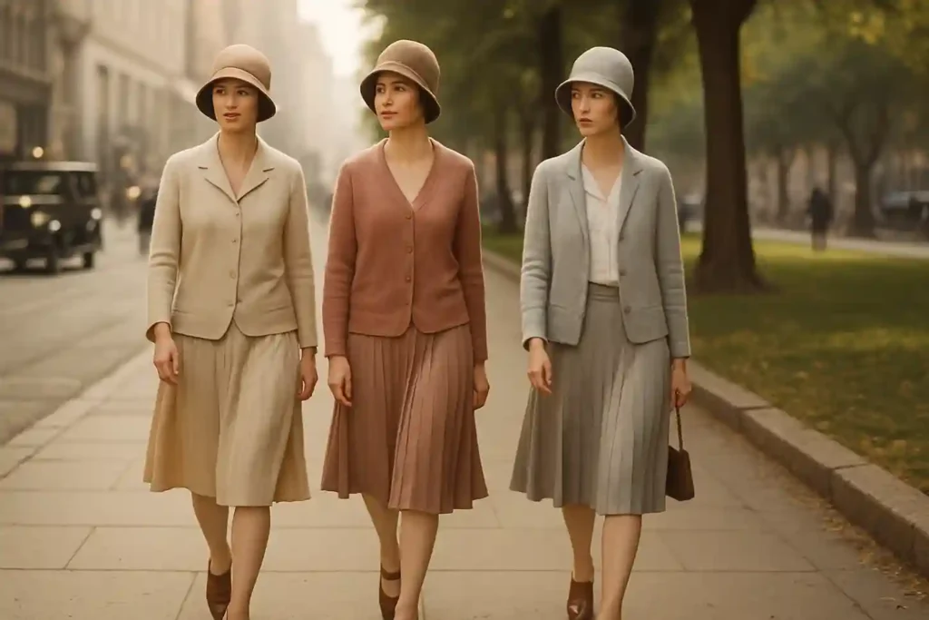1920s fashion women in light daywear with cloche hats, cardigans, pleated skirts, and low-heel shoes walking naturally in a realistic vintage scene.