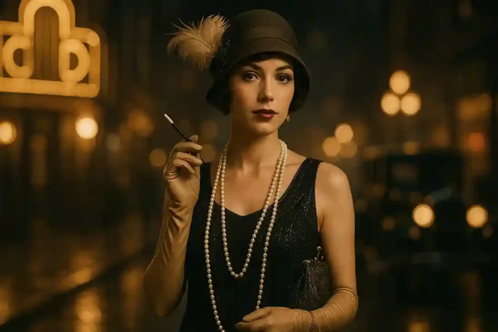 1920s fashion women wearing pearl necklaces, feathered headbands, bold red lipstick, and beaded accessories in a photorealistic vintage scene.