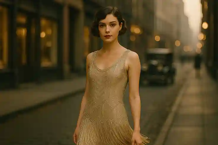 1920s flapper woman in a knee-length beaded dress with fringe and a sleek bob hairstyle, captured in a realistic vintage setting.