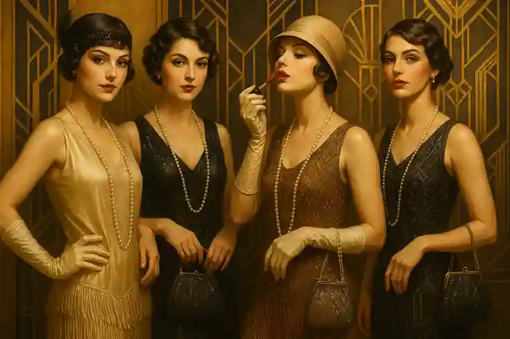 1920s women in flapper fashion with bold makeup and bob hairstyles, showing how the era redefined beauty standards.