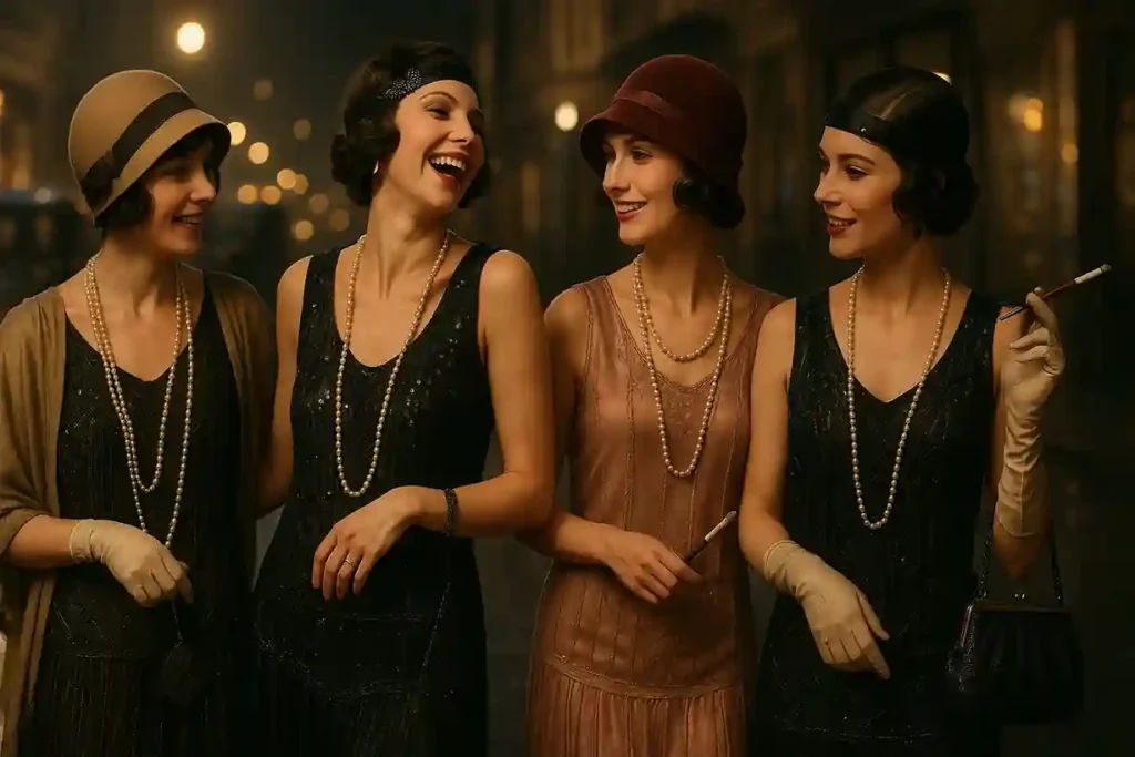 1920s women in flapper dresses with bob hairstyles and vintage accessories standing on an Art Deco city street.