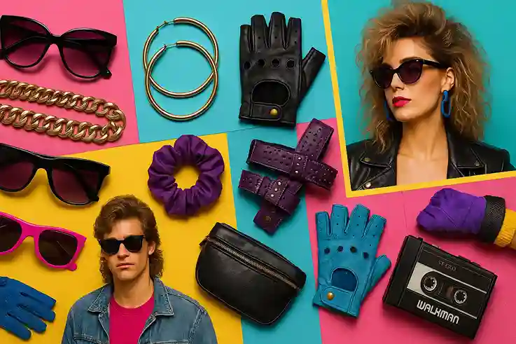 Collection of 1980s fashion accessories like bold jewelry, fanny packs, sunglasses, and scrunchies in vibrant neon tones.