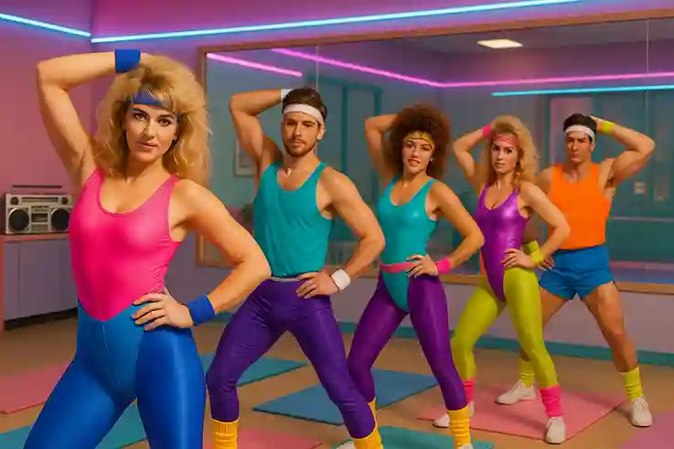 People in 1980s fashion fitness wear with neon Lycra leotards, leggings, and leg warmers in a retro workout studio.
