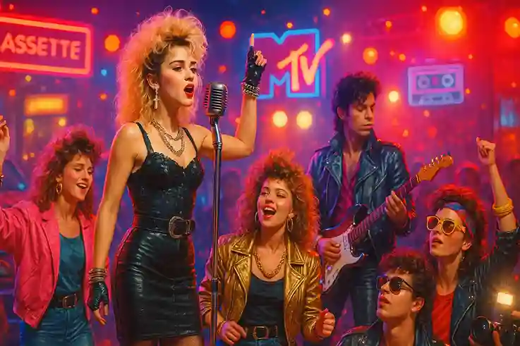 1980s fashion pop culture scene with pop icons in metallic outfits performing under neon lights on an MTV-inspired stage.