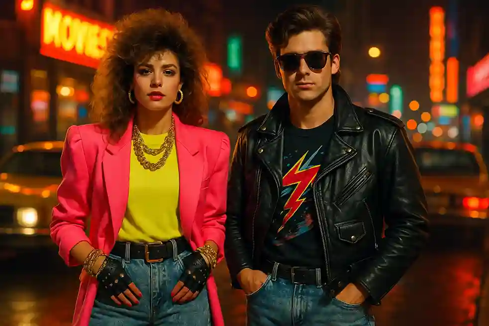 Group of people in classic 1980s fashion with neon colors, leather jackets, and big hair on a retro city street.