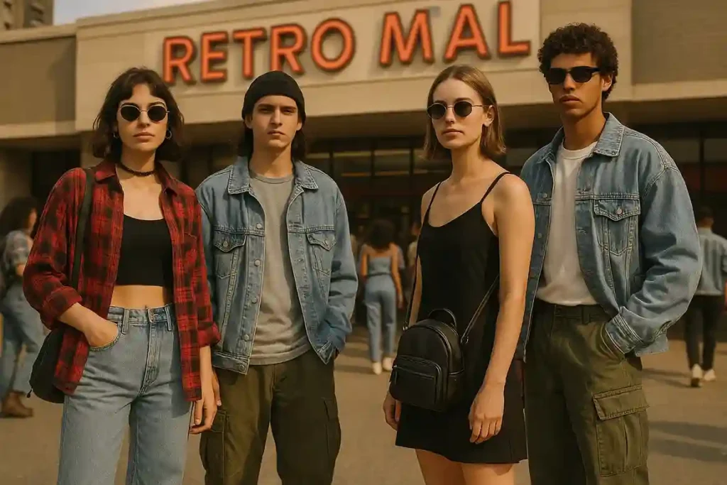 Group of young adults in 1990s fashion outfits featuring denim jackets, crop tops, flannel shirts, and retro accessories.