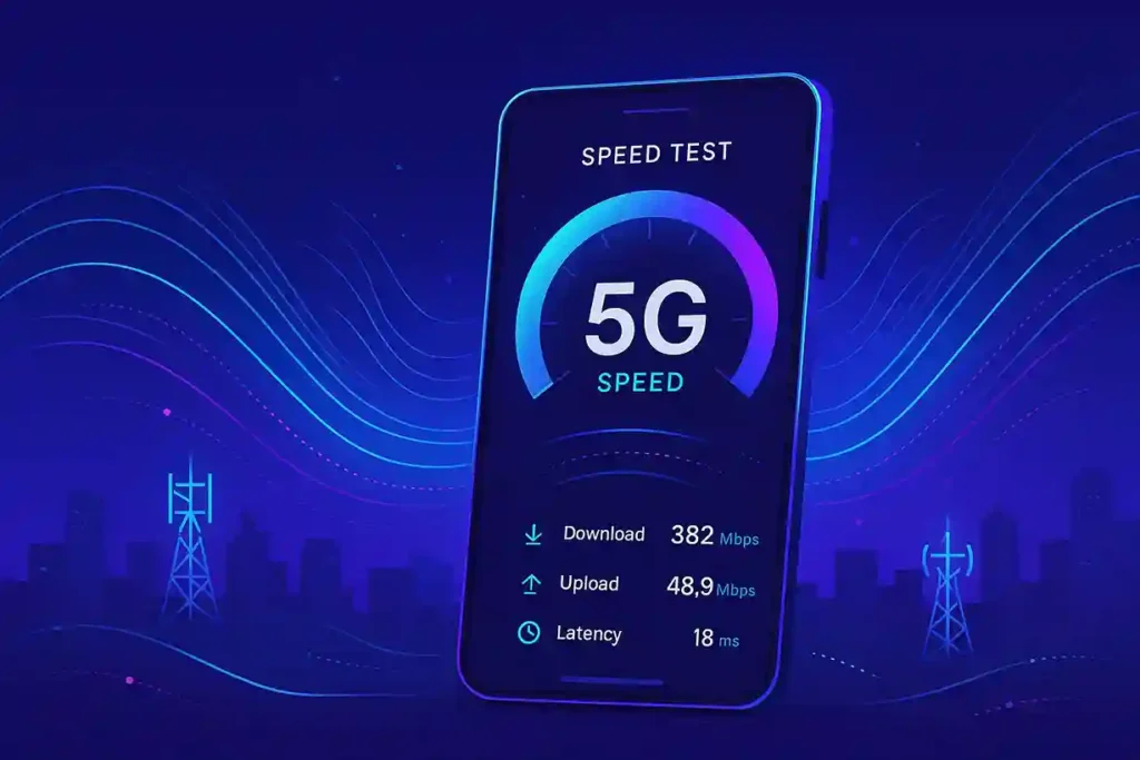 Smartphone showing 5G speed test with glowing signals, network towers, and a city skyline representing real 5G performance.