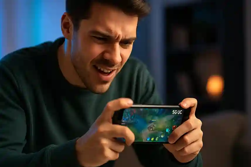 Mobile gamer enjoying lag-free gameplay powered by fast and stable 5G UC connectivity
