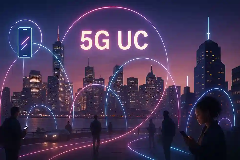 Modern city connected through 5G UC technology with glowing data lines and people using smart devices