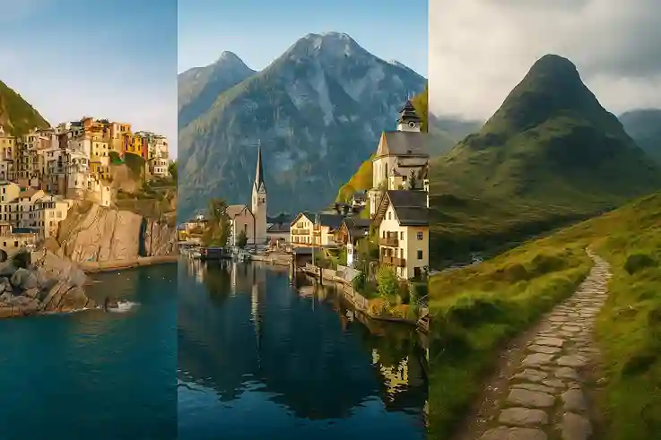 Collage of Cinque Terre, Hallstatt, and the Scottish Highlands showing What Makes a Great Travel Bucket List with stunning landscapes.