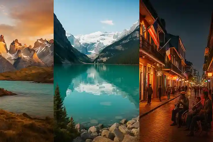 Collage of Patagonia, Banff, and New Orleans showing What Makes a Great Travel Bucket List with mountains, lakes, and culture.