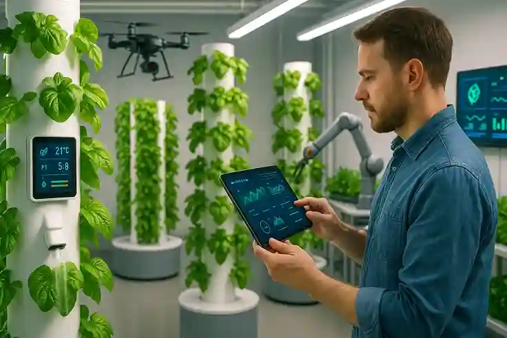 Farmer using AI and automation to monitor aeroponic towers with smart nutrient systems in a modern indoor farm.