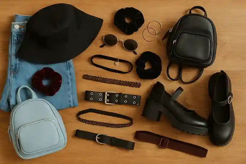 Flat lay of 1990s fashion accessories including chokers, scrunchies, mini backpacks, and platform shoes.