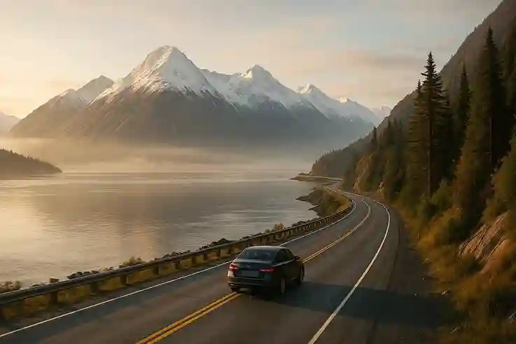 Car driving along Alaska’s Seward Highway between snow-capped mountains and the reflective waters of Turnagain Arm.