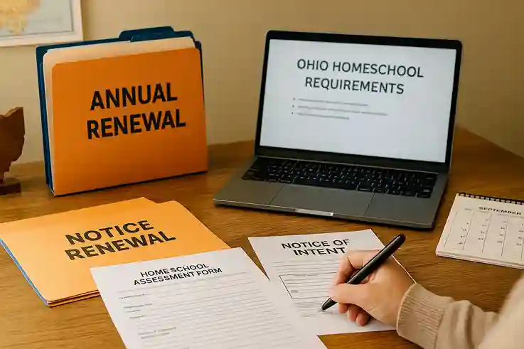 Parent reviewing annual renewal forms and assessment documents at a home desk while preparing the next year of Homeschooling in Ohio.