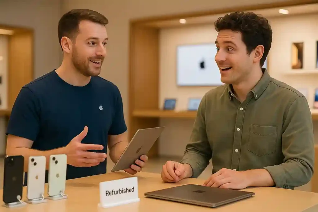 Apple specialist explaining Apple Refurbished products to a customer, breaking myths about quality and reliability.