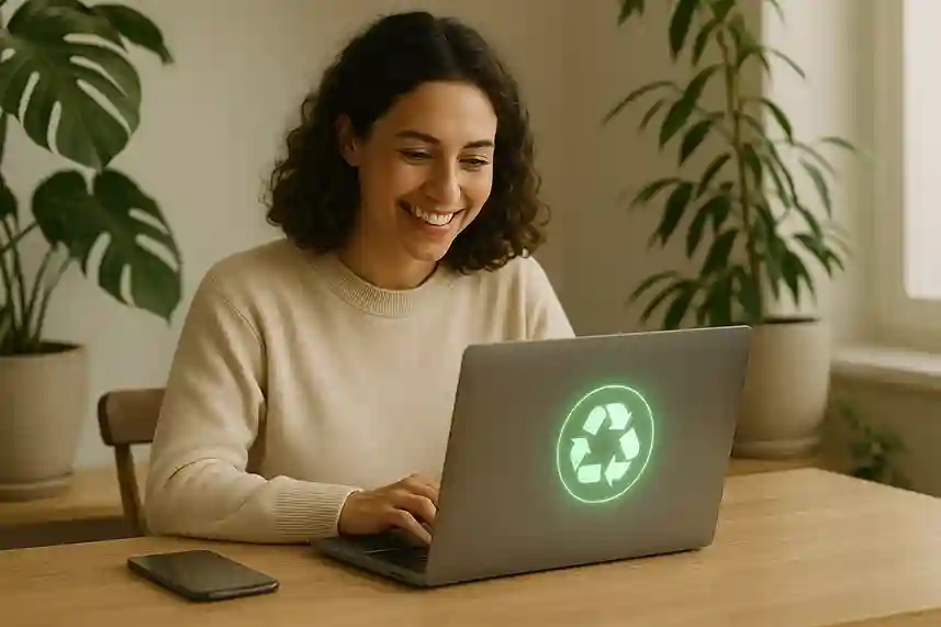 Person using an Apple Refurbished MacBook with recycling and Earth icons, symbolizing sustainability and eco-friendly choices.