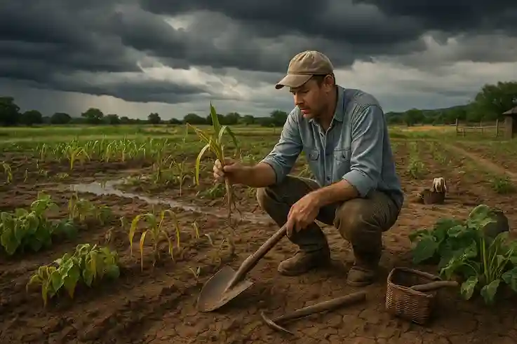 Farmer evaluating soil, climate conditions, and nearby resources to choose the best land for subsistence farming.