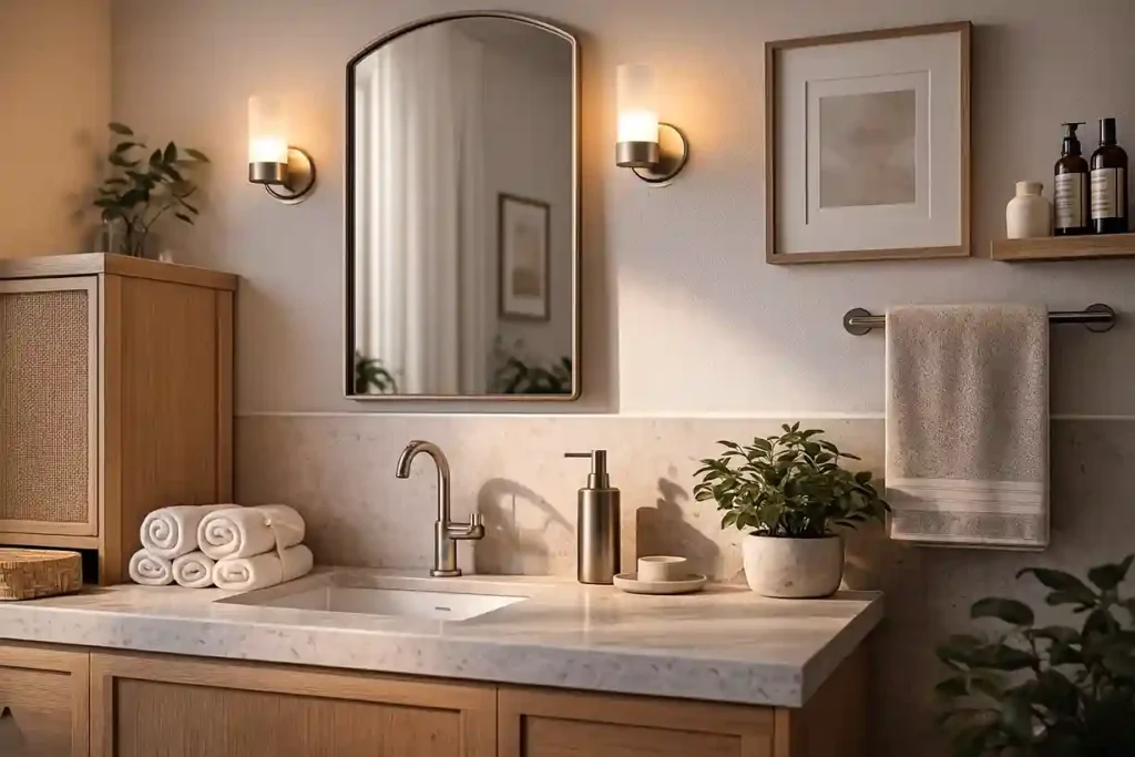 Modern bathroom with soft lighting, wood and stone textures, plush towels, elegant mirror, and simple décor accents.