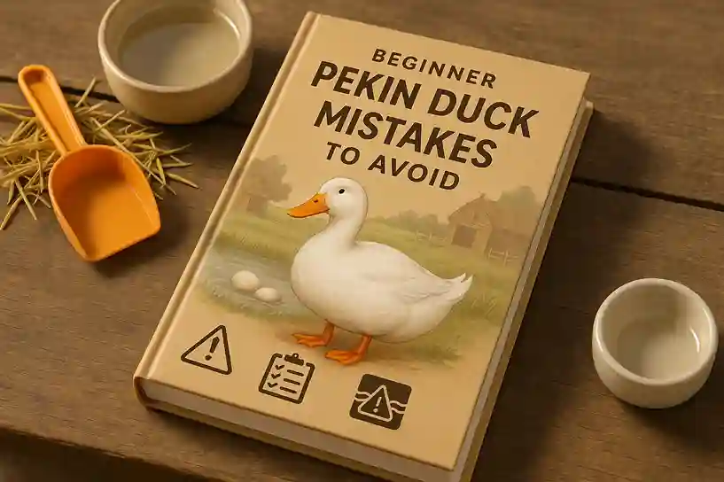 Book titled “Beginner Pekin Duck Mistakes to Avoid” displayed on a wooden farm table with duck-care items.