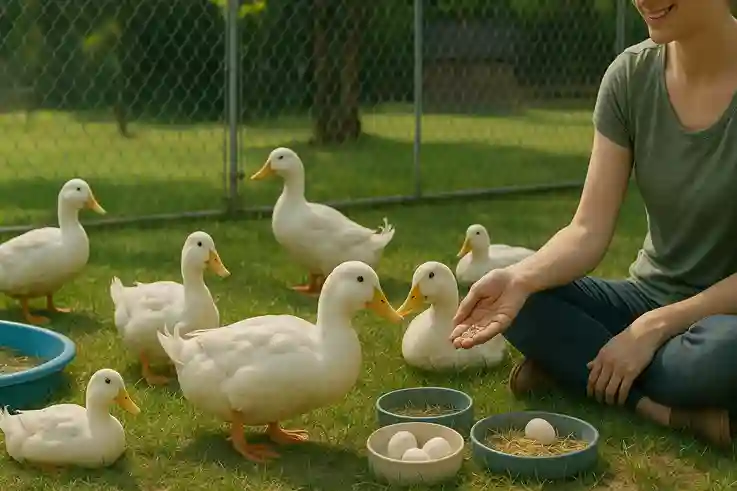 Pekin ducks interacting with a caretaker in a safe backyard setup that supports bonding and natural behavior.