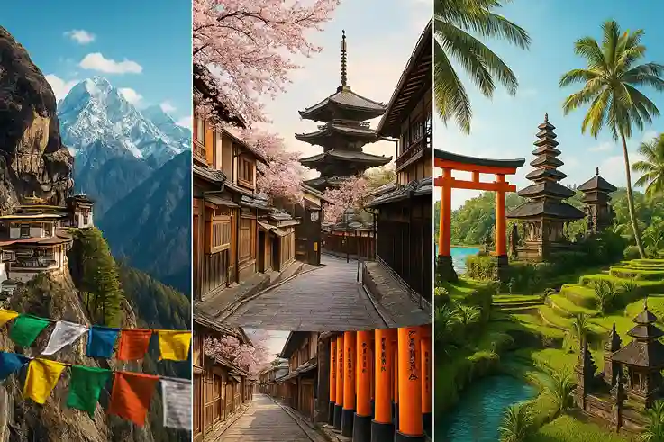 Travel collage of Bhutan, Kyoto, and Bali showcasing What Makes a Great Travel Bucket List with culture, nature, and serenity.