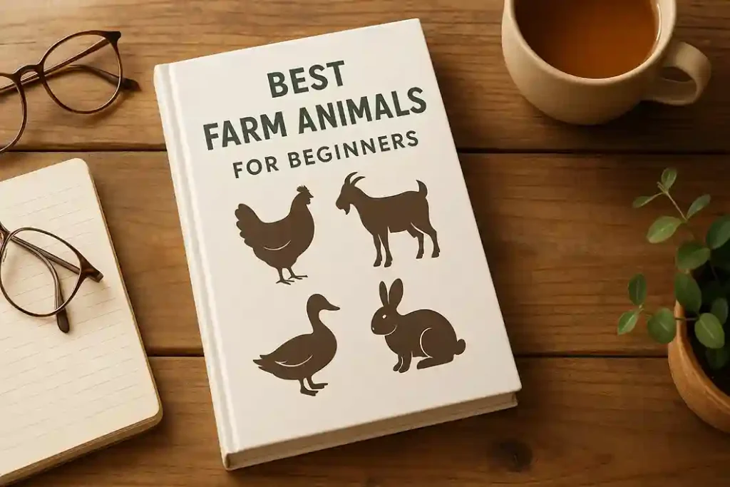 A book titled “Best Farm Animals for Beginners” placed on a wooden table with rustic farm-themed props.