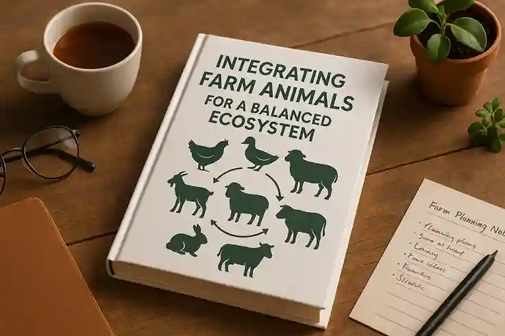 A book titled “Integrating Farm Animals for a Balanced Ecosystem” displayed on a wooden farmhouse table with simple rustic props.