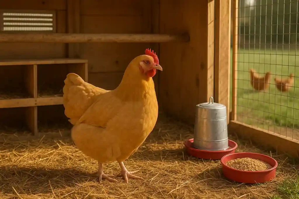 Healthy Buff Orpington chicken in a clean coop with proper bedding, feeder, waterer, and outdoor run showing best care practices.