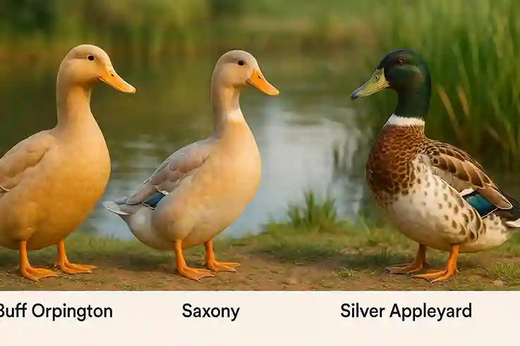 Buff Orpington, Saxony, and Silver Appleyard ducks standing near a pond with clear name labels beneath each breed.