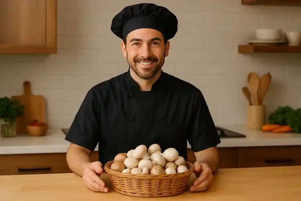 Cook standing beside a basket of fresh button and white mushrooms in a warm kitchen setting.