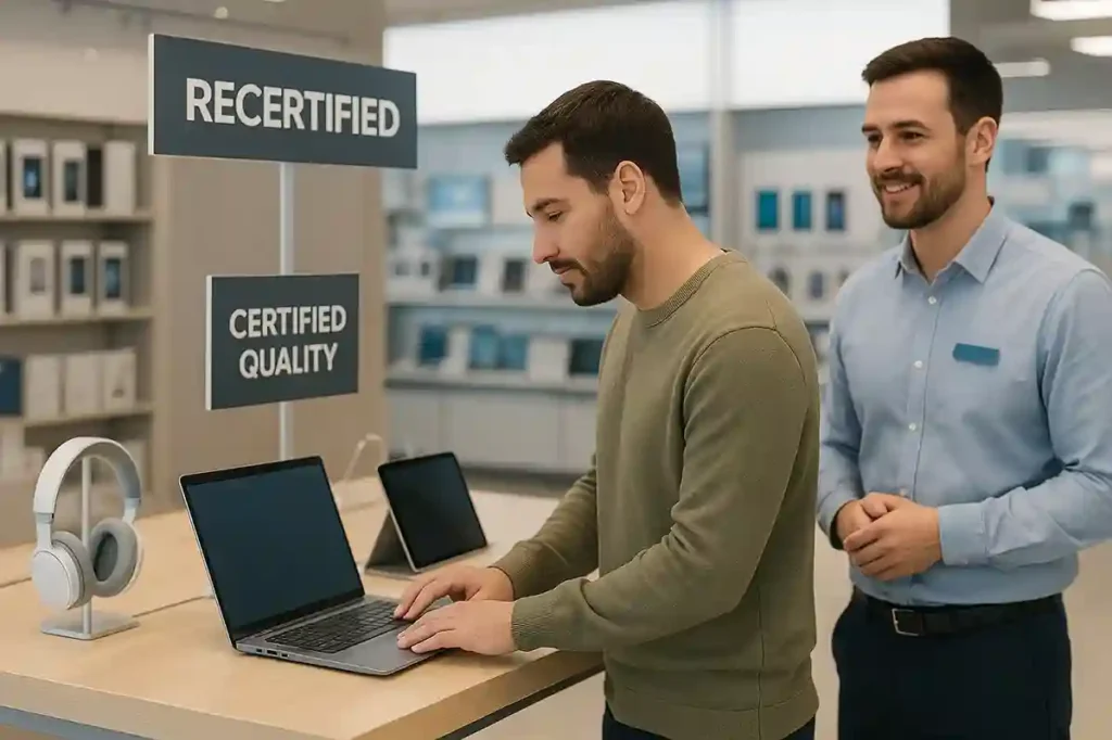 Customer checking recertified devices in a tech store with verified quality tags on display.