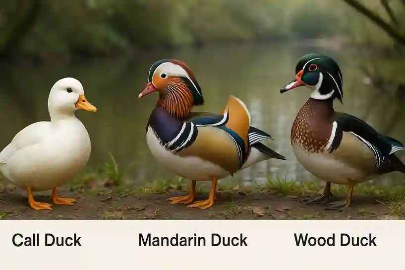 Call Duck, Mandarin Duck, and Wood Duck standing by a pond with names labeled beneath each duck for clear identification.