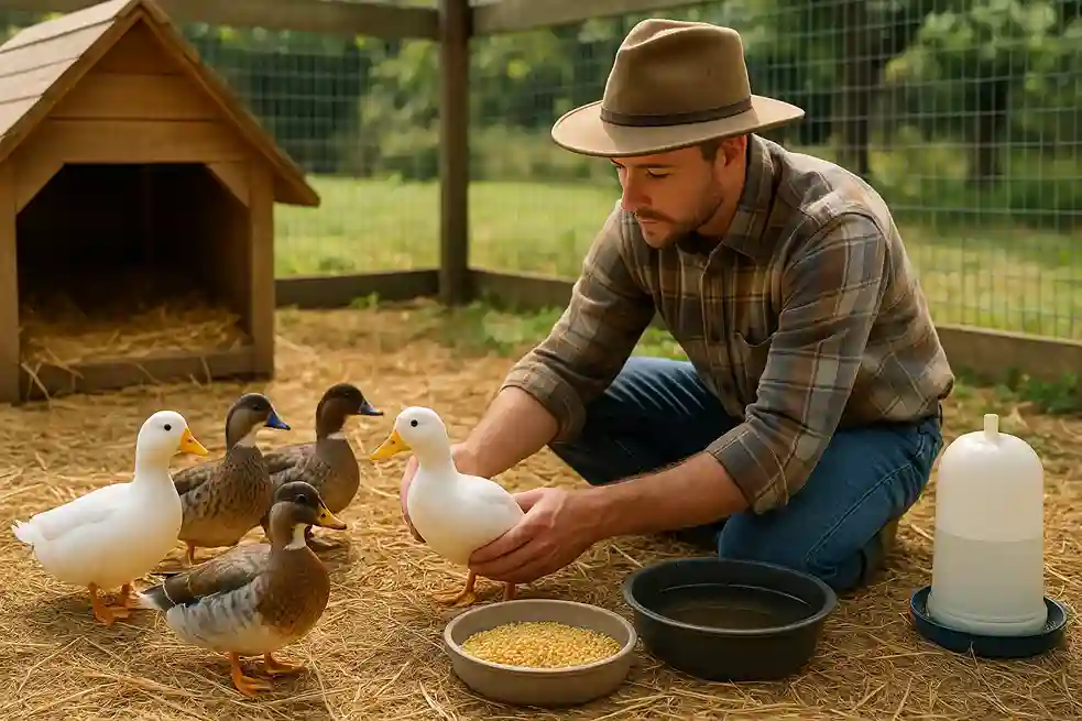 scene of Call Ducks on a new duck farm with feeders, clean water, shelter, and farmer showing essential care and management steps.