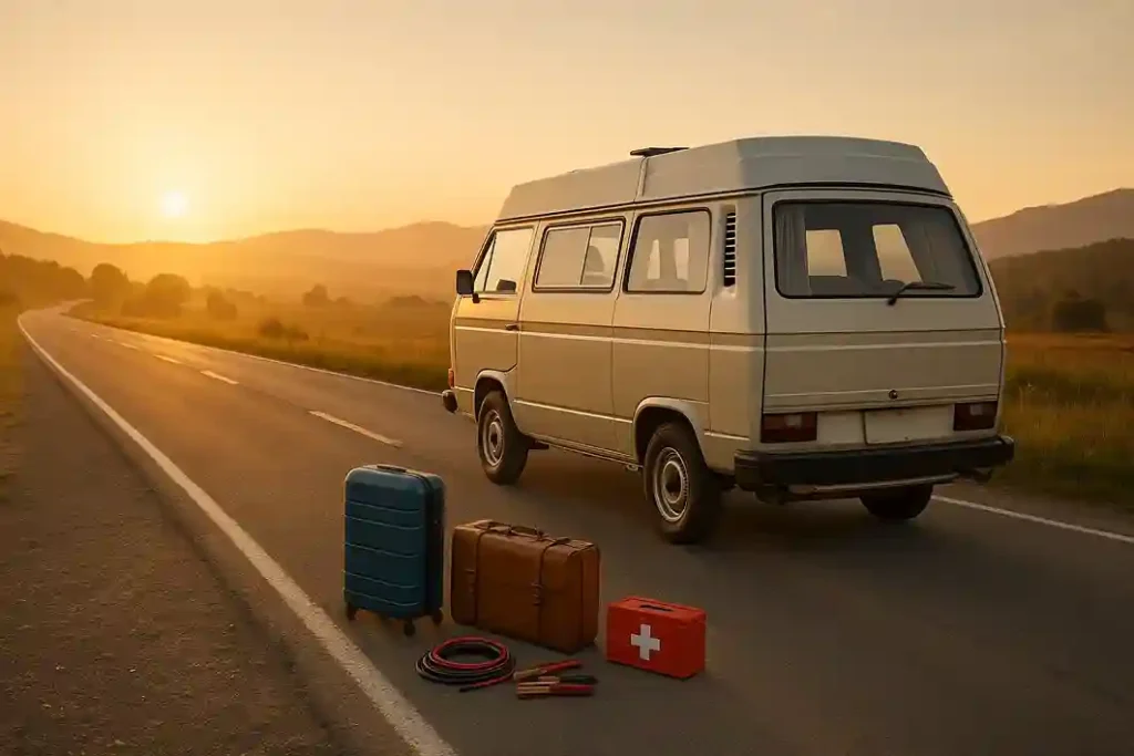 Realistic camper van parked beside scenic highway at sunrise with travel gear ready for road trip ideas