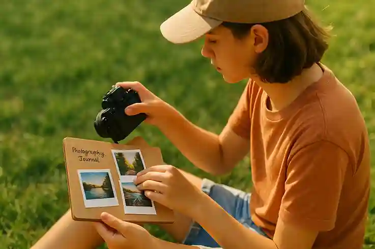 Teen creating a photography journal outdoors, capturing memories as part of Summer Bucket List Ideas for Teens.