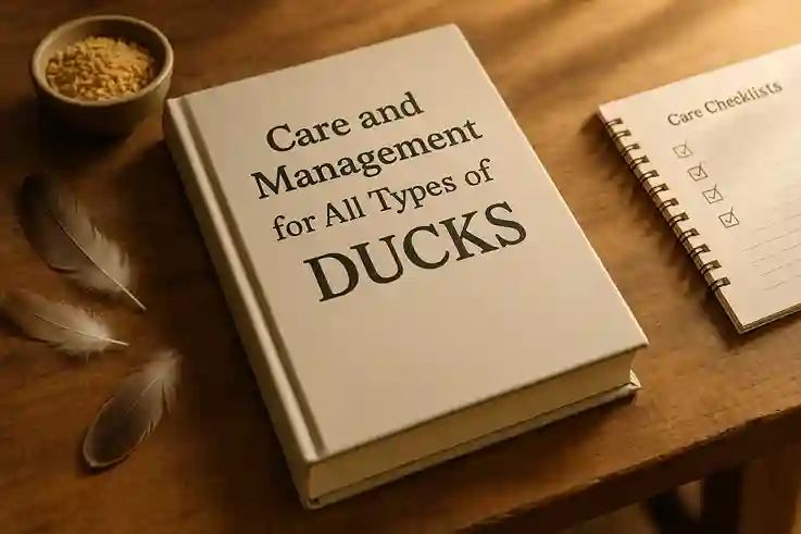 A farmhouse-style book titled ‘Care and Management for All Types of Ducks’ on a wooden table with feathers and duck-care items.