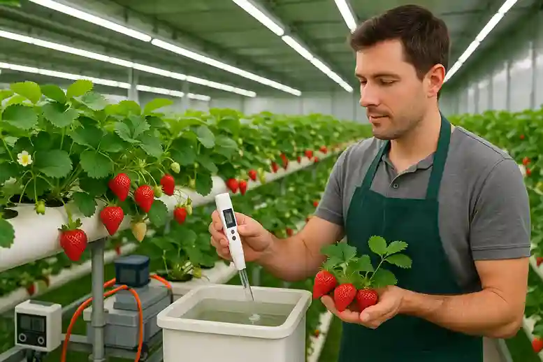Gardener caring for hydroponic strawberries under LED lights, checking nutrients for year-round growth.