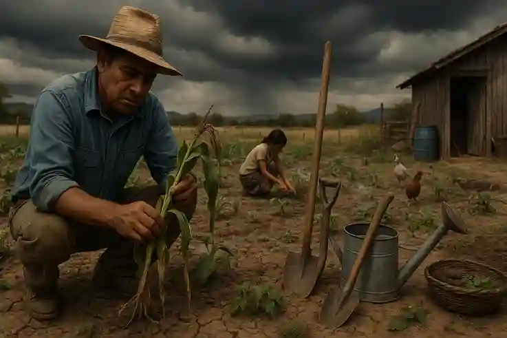 Subsistence farmer examining damaged crops and dry soil, showing struggles like drought, poor tools, and unpredictable weather.