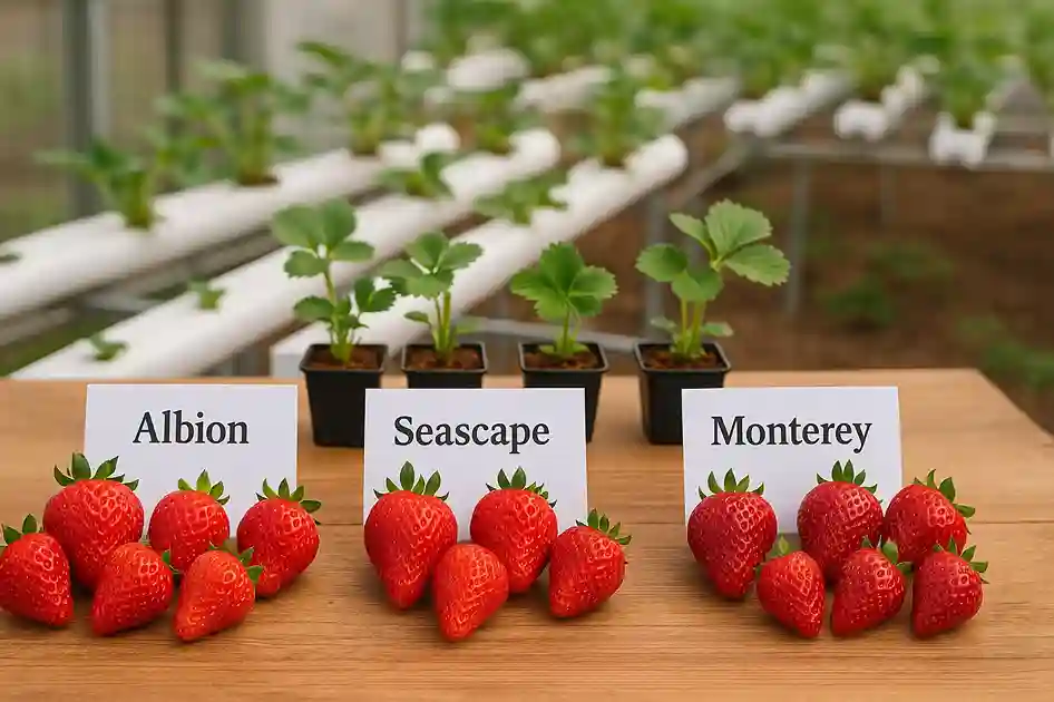 Different strawberry varieties displayed beside hydroponic seedlings in a bright indoor setup.