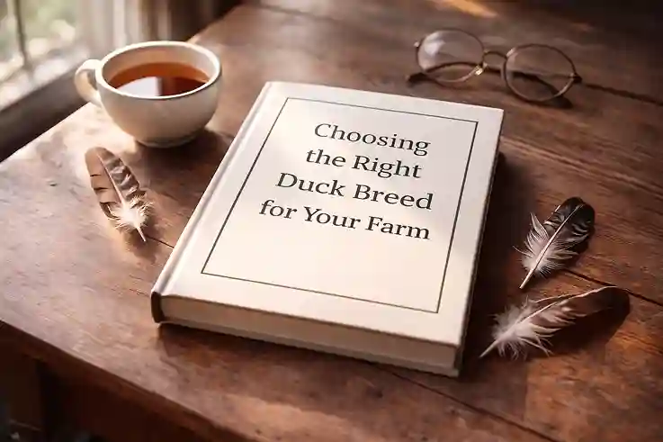 A farmhouse-style book titled ‘Choosing the Right Duck Breed for Your Farm’ resting on a wooden table with feathers and warm natural lighting.